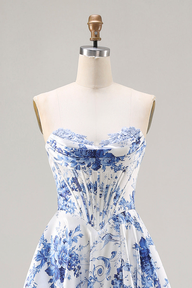Load image into Gallery viewer, Blue Floral Strapless A Line Long Corset Prom Dress with Slit