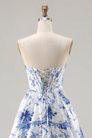Load image into Gallery viewer, Blue Floral Strapless A Line Long Corset Prom Dress with Slit