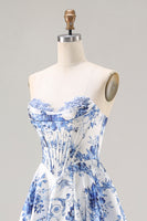Load image into Gallery viewer, Blue Floral Strapless A Line Long Corset Prom Dress with Slit