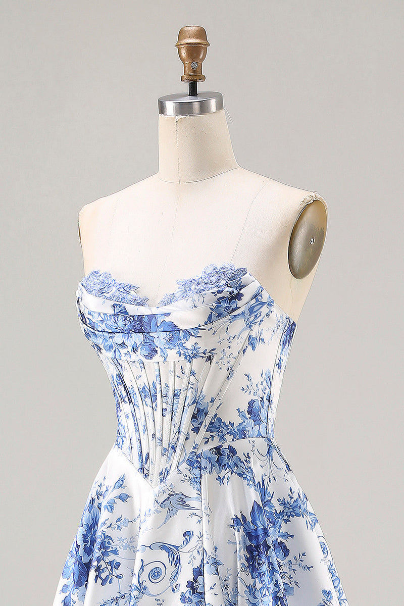 Load image into Gallery viewer, Blue Floral Strapless A Line Long Corset Prom Dress with Slit