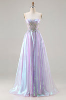 Load image into Gallery viewer, Sparkly Purple A Line Sweetheart Long Corset Prom Dress with Appliques