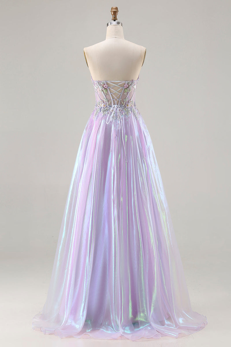 Load image into Gallery viewer, Sparkly Purple A Line Sweetheart Long Corset Prom Dress with Appliques