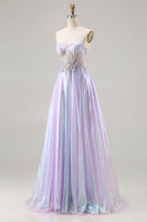 Load image into Gallery viewer, Sparkly Purple A Line Sweetheart Long Corset Prom Dress with Appliques