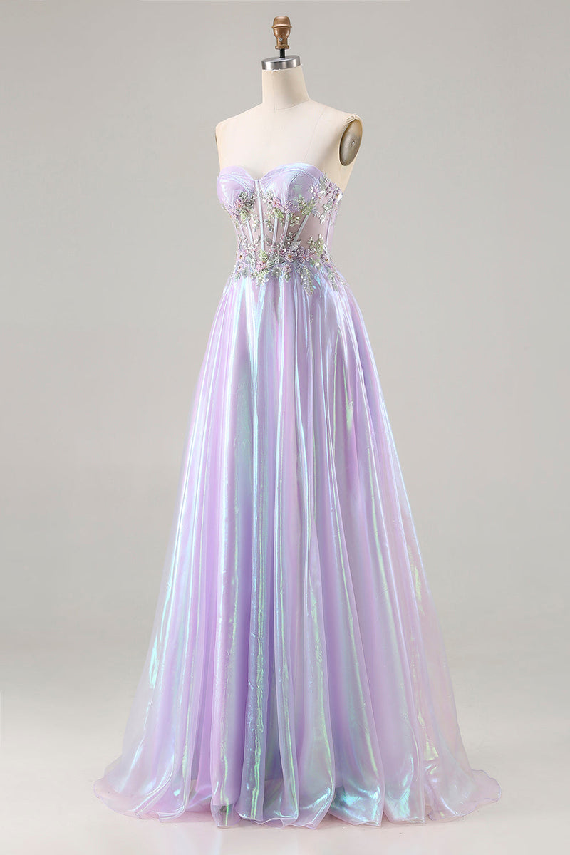 Load image into Gallery viewer, Sparkly Purple A Line Sweetheart Long Corset Prom Dress with Appliques