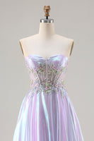 Load image into Gallery viewer, Sparkly Purple A Line Sweetheart Long Corset Prom Dress with Appliques
