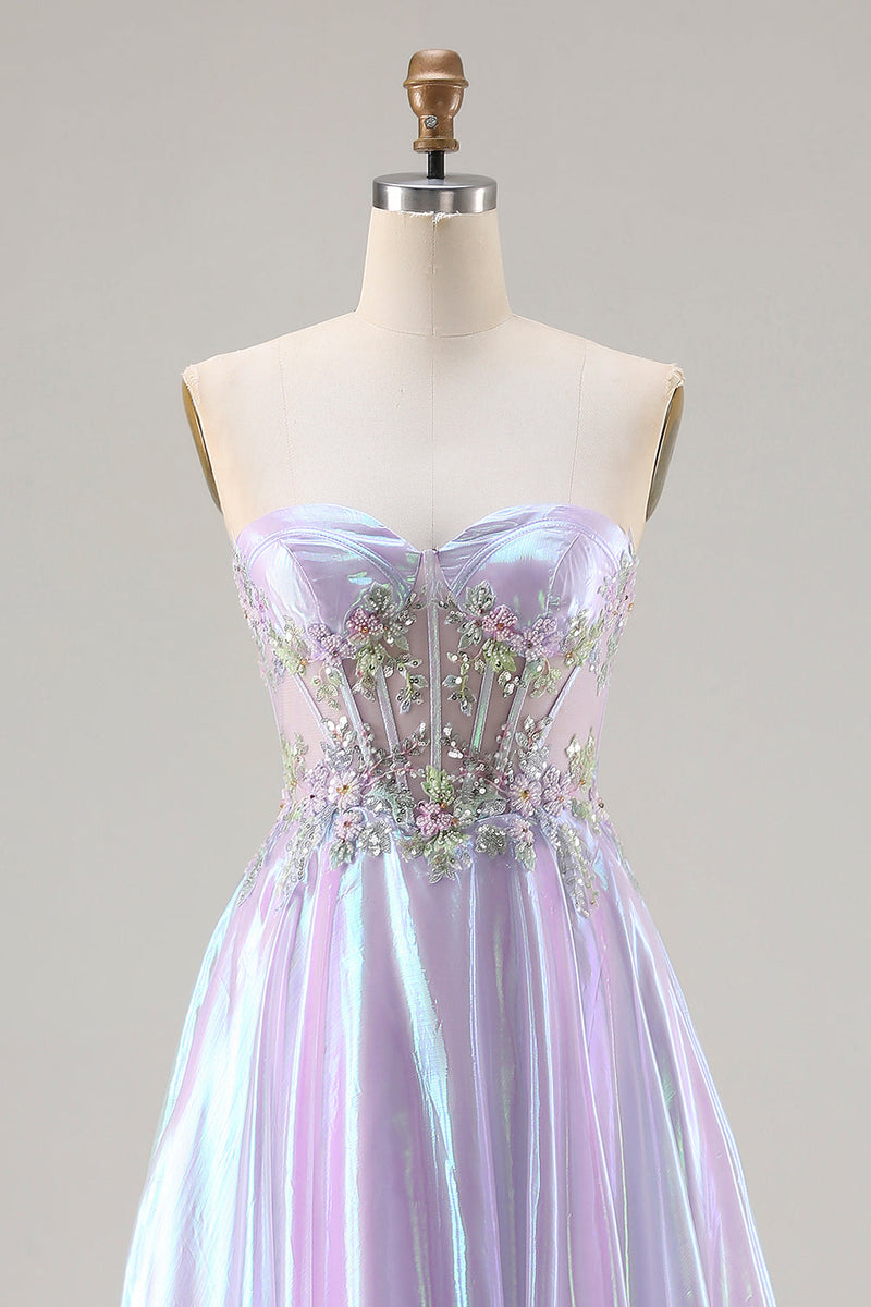 Load image into Gallery viewer, Sparkly Purple A Line Sweetheart Long Corset Prom Dress with Appliques