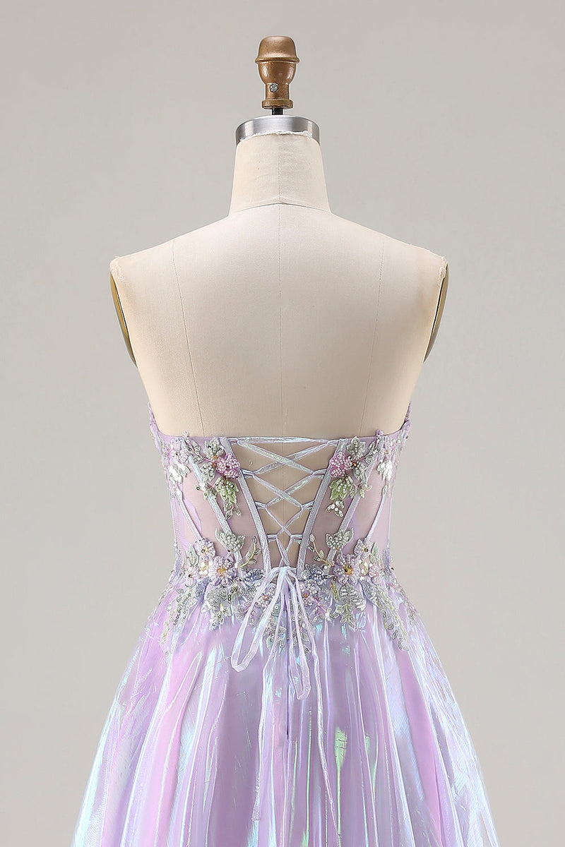 Load image into Gallery viewer, Sparkly Purple A Line Sweetheart Long Corset Prom Dress with Appliques