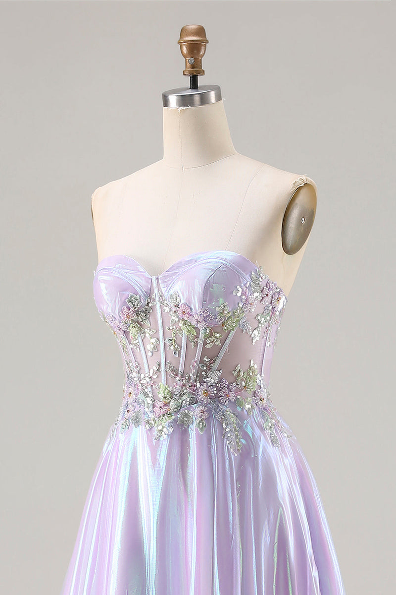 Load image into Gallery viewer, Sparkly Purple A Line Sweetheart Long Corset Prom Dress with Appliques