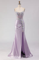 Load image into Gallery viewer, Sparkly Light Purple Floral Mermaid Long Corset Prom Dress with Beading
