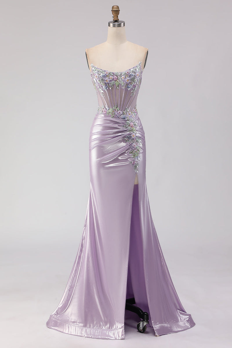Load image into Gallery viewer, Sparkly Light Purple Floral Mermaid Long Corset Prom Dress with Beading