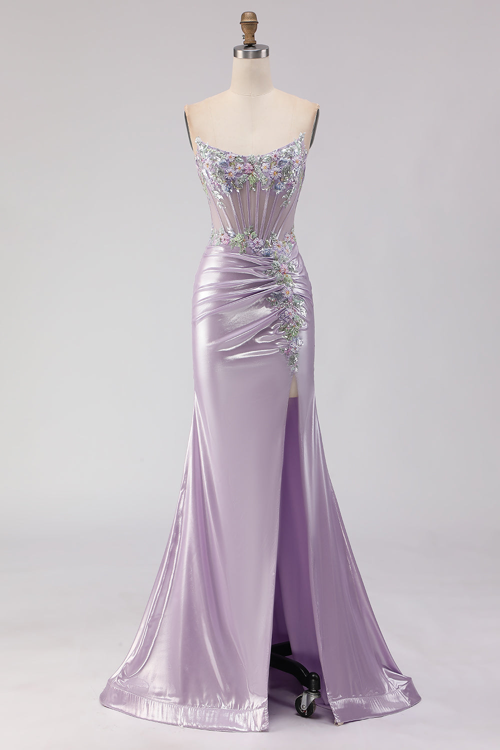 Sparkly Light Purple Floral Mermaid Long Corset Prom Dress with Beading