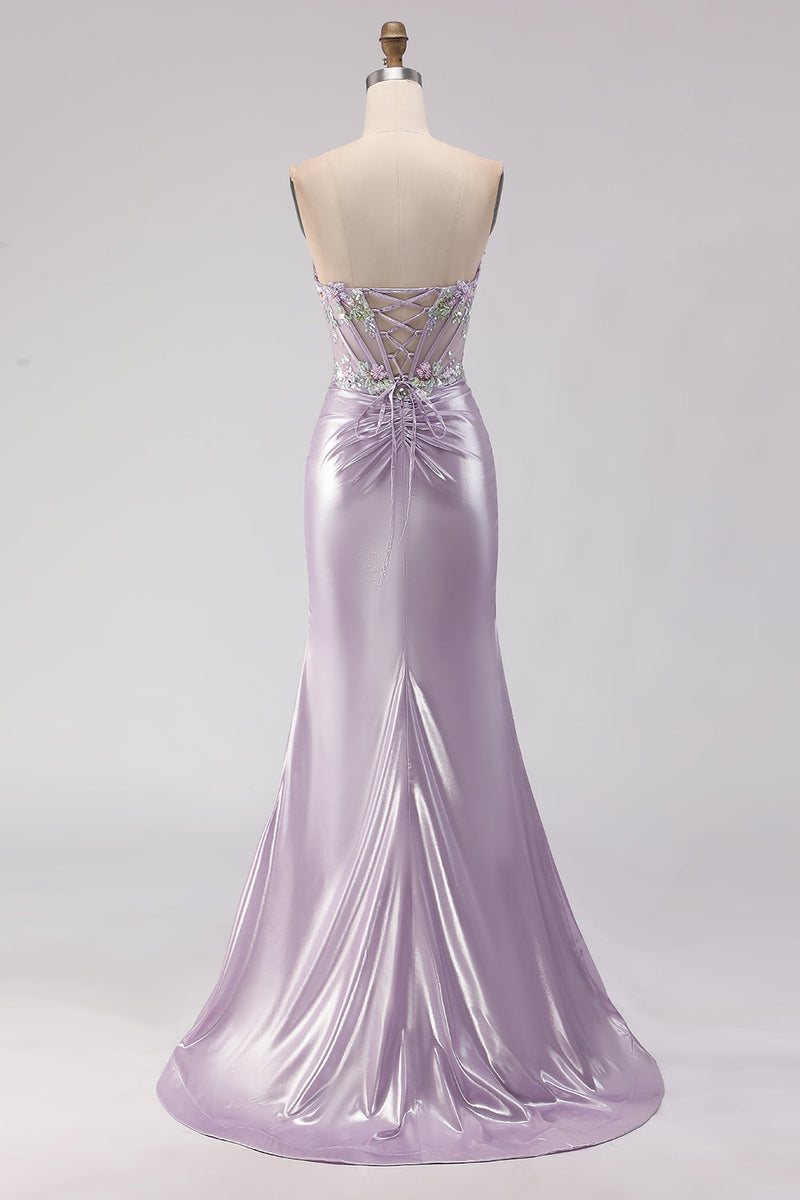 Load image into Gallery viewer, Sparkly Light Purple Floral Mermaid Long Corset Prom Dress with Beading