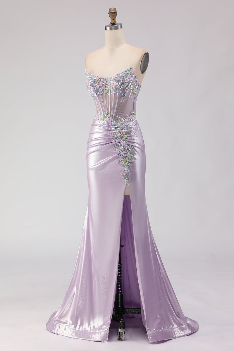Load image into Gallery viewer, Sparkly Light Purple Floral Mermaid Long Corset Prom Dress with Beading