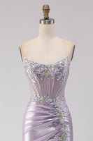 Load image into Gallery viewer, Sparkly Light Purple Floral Mermaid Long Corset Prom Dress with Beading