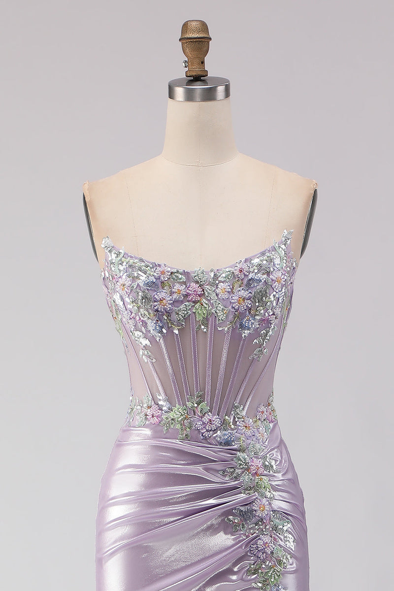 Load image into Gallery viewer, Sparkly Light Purple Floral Mermaid Long Corset Prom Dress with Beading
