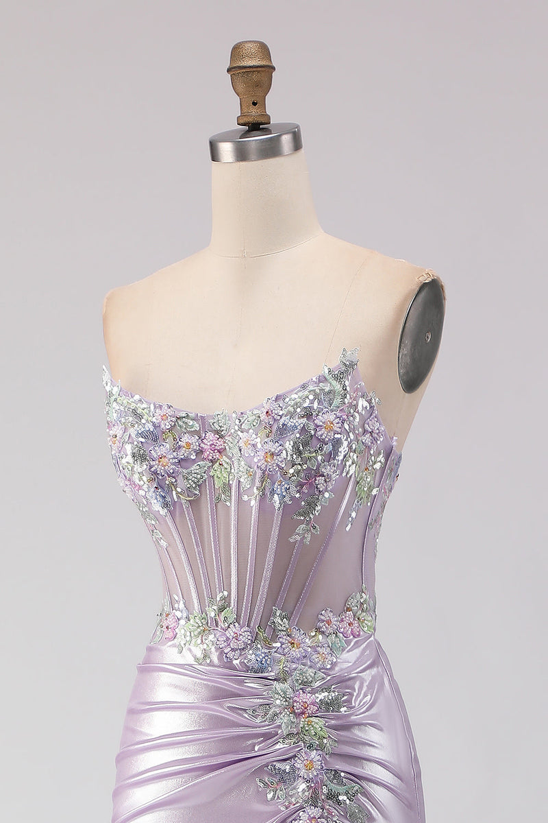 Load image into Gallery viewer, Sparkly Light Purple Floral Mermaid Long Corset Prom Dress with Beading