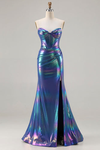 Sparkly Navy Sweetheart Mermaid Long Corset Prom Dress with Slit