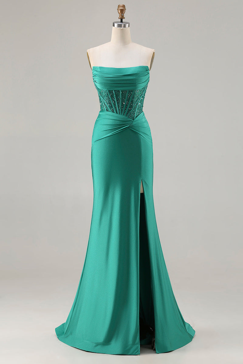 Load image into Gallery viewer, Sparkly Dark Green Strapless Mermaid Long Corset Prom Dress with Beading