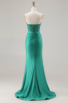 Sparkly Dark Green Strapless Mermaid Long Corset Prom Dress with Beading