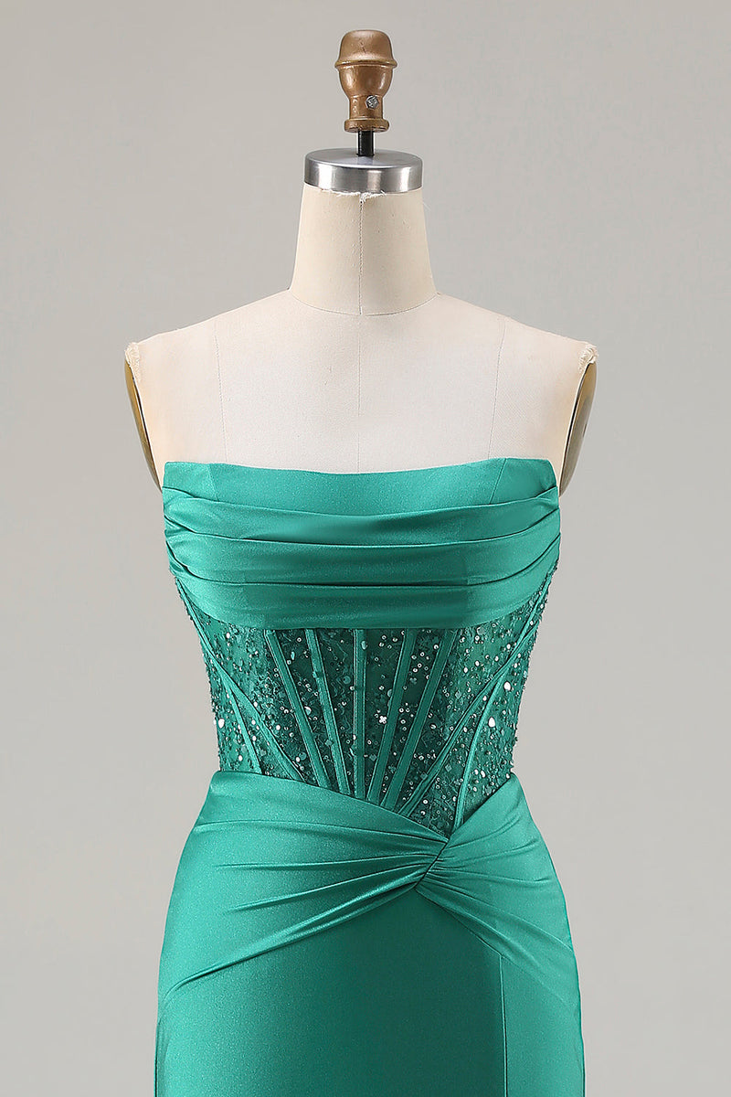 Load image into Gallery viewer, Sparkly Dark Green Strapless Mermaid Long Corset Prom Dress with Beading