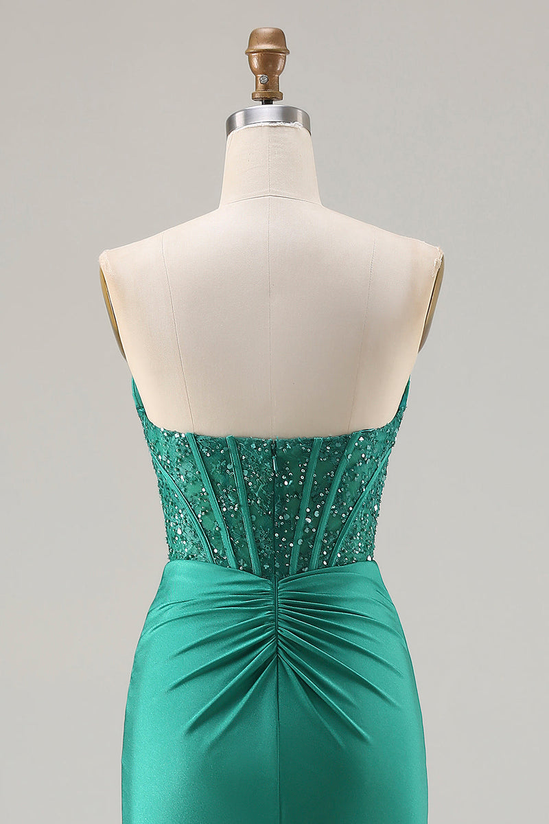 Load image into Gallery viewer, Sparkly Dark Green Strapless Mermaid Long Corset Prom Dress with Beading