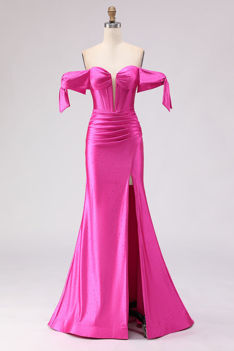 Load image into Gallery viewer, Sparkly Fuchsia Mermaid Beaded Long Corset Prom Dress with Slit