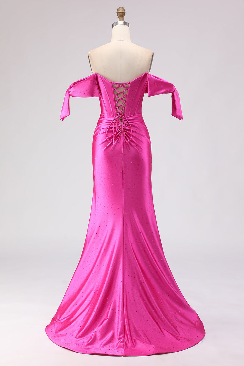 Load image into Gallery viewer, Sparkly Fuchsia Mermaid Beaded Long Corset Prom Dress with Slit