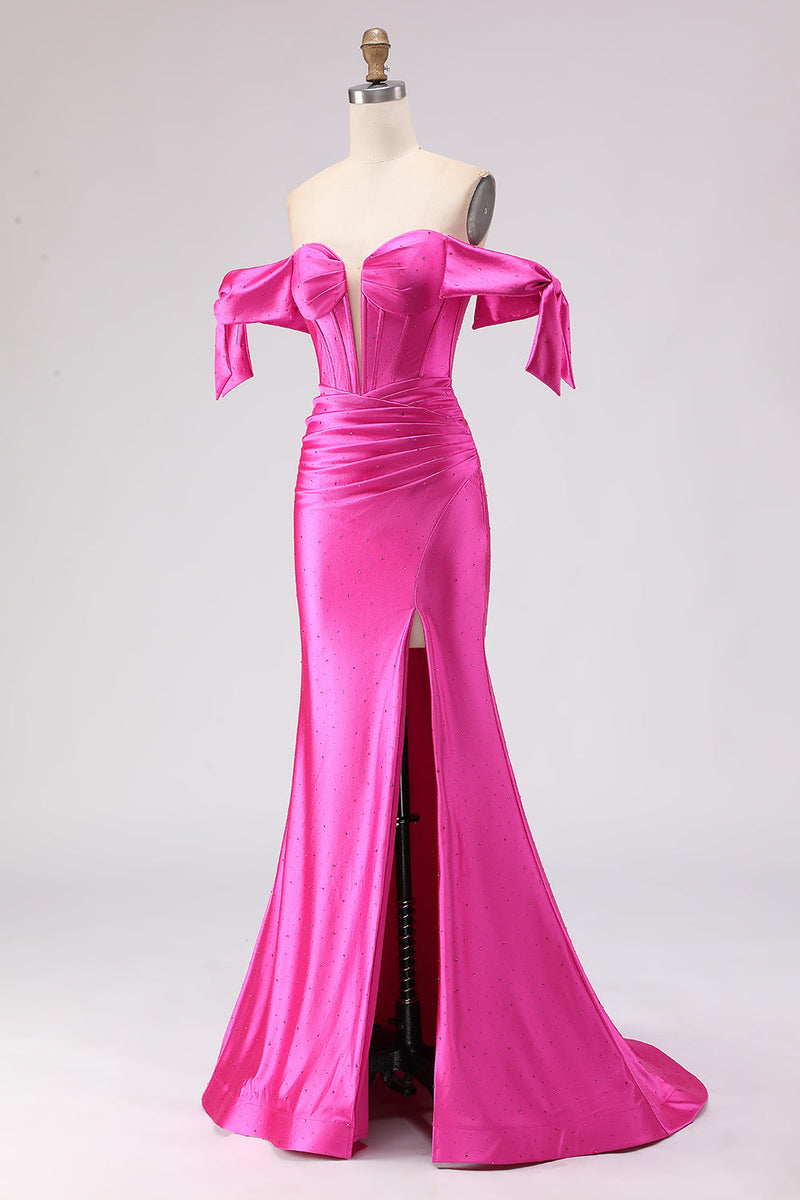 Load image into Gallery viewer, Sparkly Fuchsia Mermaid Beaded Long Corset Prom Dress with Slit