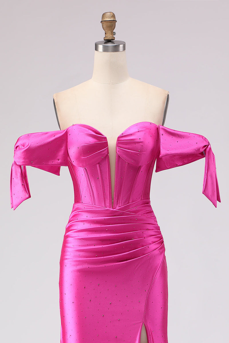 Load image into Gallery viewer, Sparkly Fuchsia Mermaid Beaded Long Corset Prom Dress with Slit