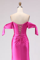 Load image into Gallery viewer, Sparkly Fuchsia Mermaid Beaded Long Corset Prom Dress with Slit
