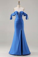 Load image into Gallery viewer, Sparkly Royal Blue Mermaid Long Corset Prom Dress with Slit