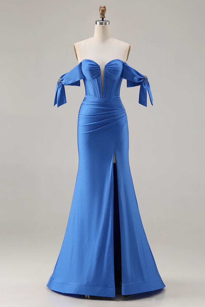 Load image into Gallery viewer, Sparkly Royal Blue Mermaid Long Corset Prom Dress with Slit