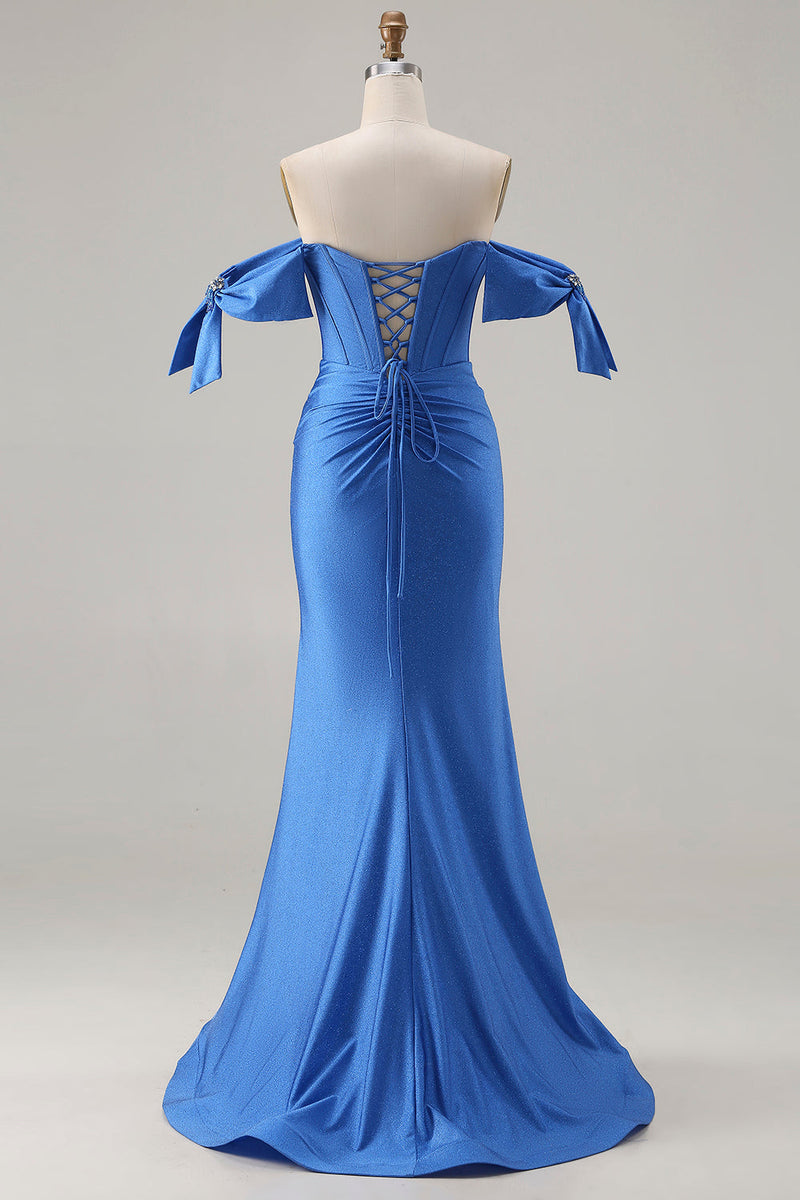 Load image into Gallery viewer, Sparkly Royal Blue Mermaid Long Corset Prom Dress with Slit