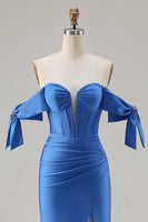 Load image into Gallery viewer, Sparkly Royal Blue Mermaid Long Corset Prom Dress with Slit