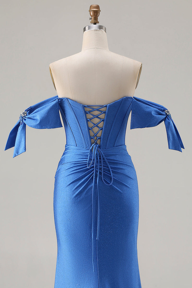 Load image into Gallery viewer, Sparkly Royal Blue Mermaid Long Corset Prom Dress with Slit