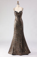 Load image into Gallery viewer, Sparkly Khaki Mermaid Leopard Print Long Corset Prom Dress with Beading