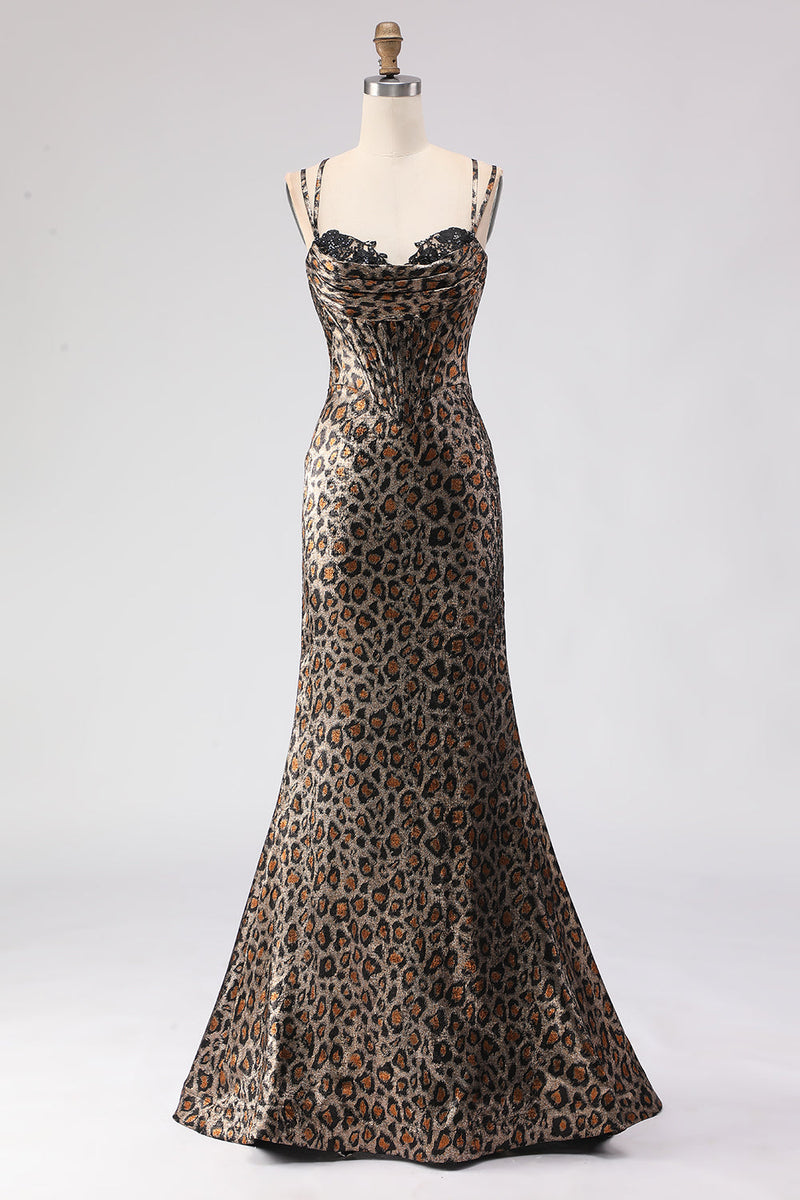 Load image into Gallery viewer, Sparkly Khaki Mermaid Leopard Print Long Corset Prom Dress with Beading
