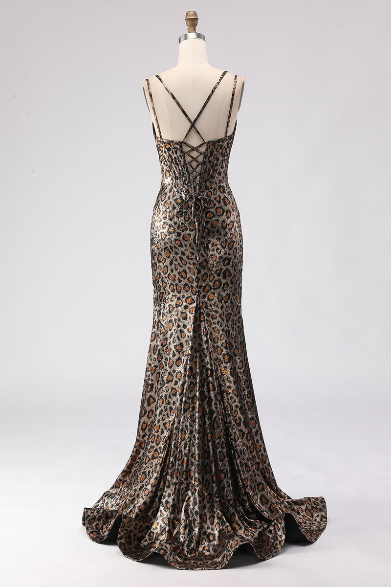 Load image into Gallery viewer, Sparkly Khaki Mermaid Leopard Print Long Corset Prom Dress with Beading