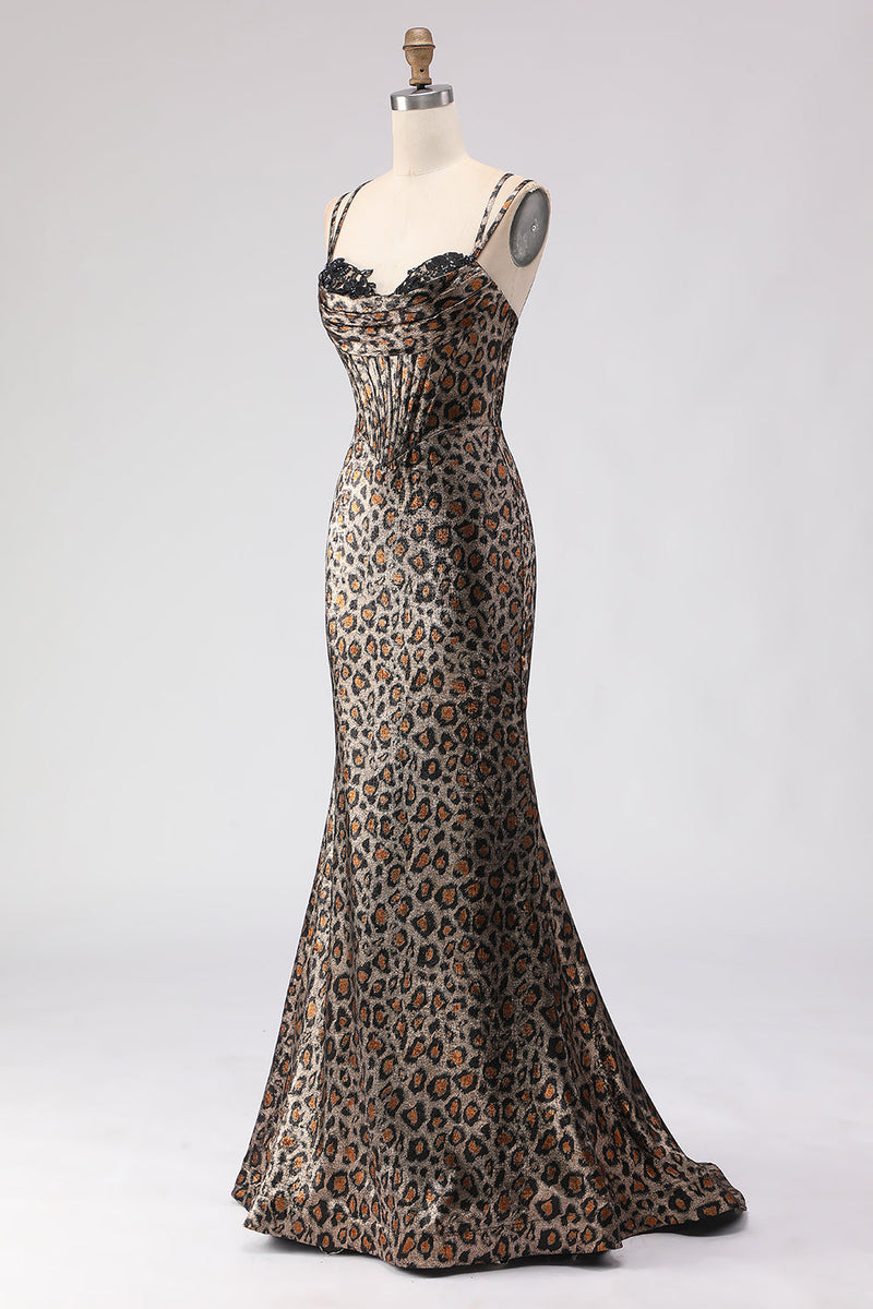 Load image into Gallery viewer, Sparkly Khaki Mermaid Leopard Print Long Corset Prom Dress with Beading