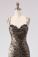 Load image into Gallery viewer, Sparkly Khaki Mermaid Leopard Print Long Corset Prom Dress with Beading