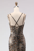 Load image into Gallery viewer, Sparkly Khaki Mermaid Leopard Print Long Corset Prom Dress with Beading