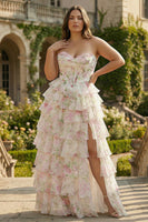 Load image into Gallery viewer, Plus Size Pink Floral Ruffled A Line Long Corset Prom Dress with Slit