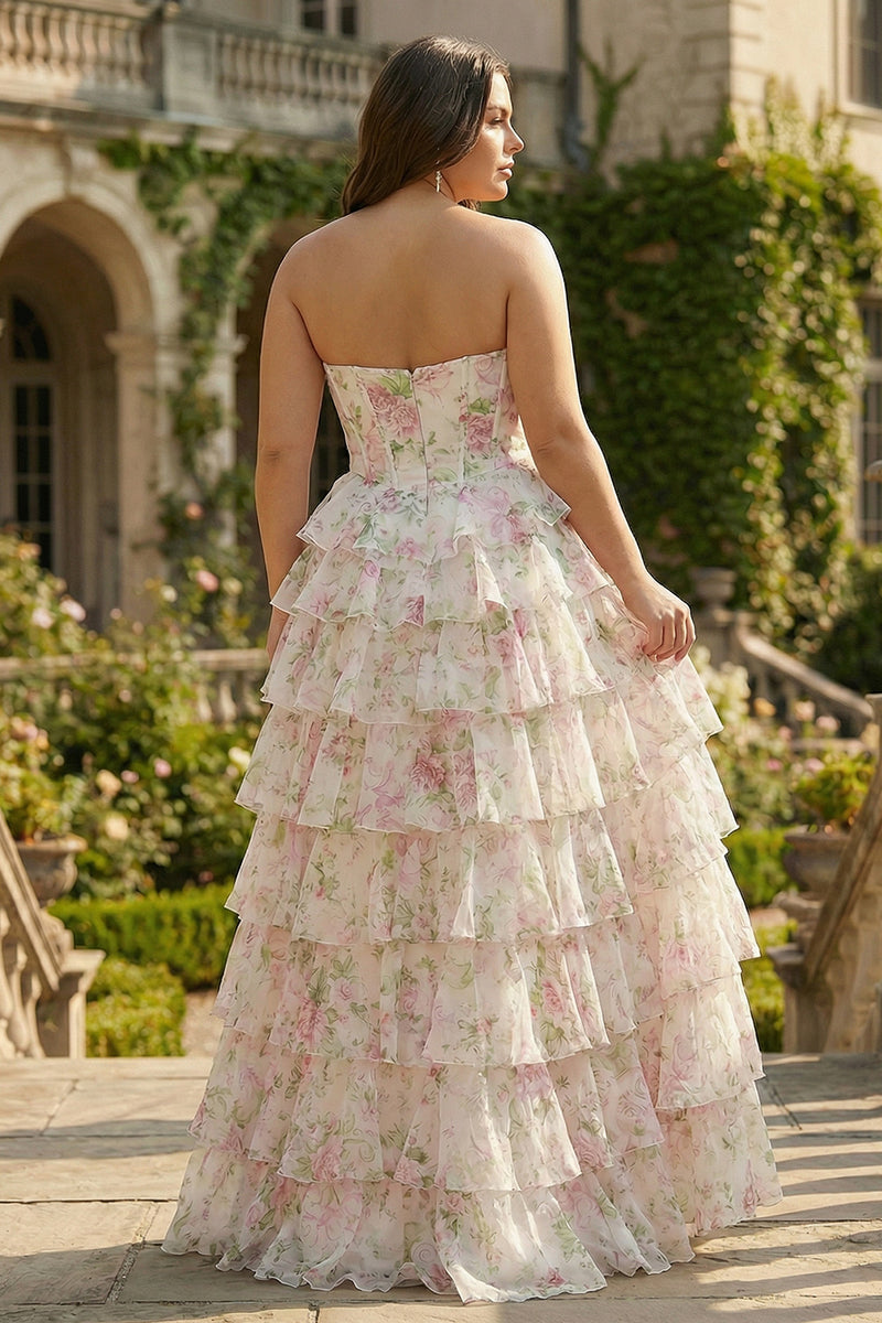 Load image into Gallery viewer, Plus Size Pink Floral Ruffled A Line Long Corset Prom Dress with Slit