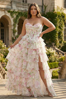 Load image into Gallery viewer, Plus Size Pink Floral Ruffled A Line Long Corset Prom Dress with Slit