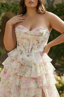 Load image into Gallery viewer, Plus Size Pink Floral Ruffled A Line Long Corset Prom Dress with Slit