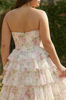 Load image into Gallery viewer, Plus Size Pink Floral Ruffled A Line Long Corset Prom Dress with Slit