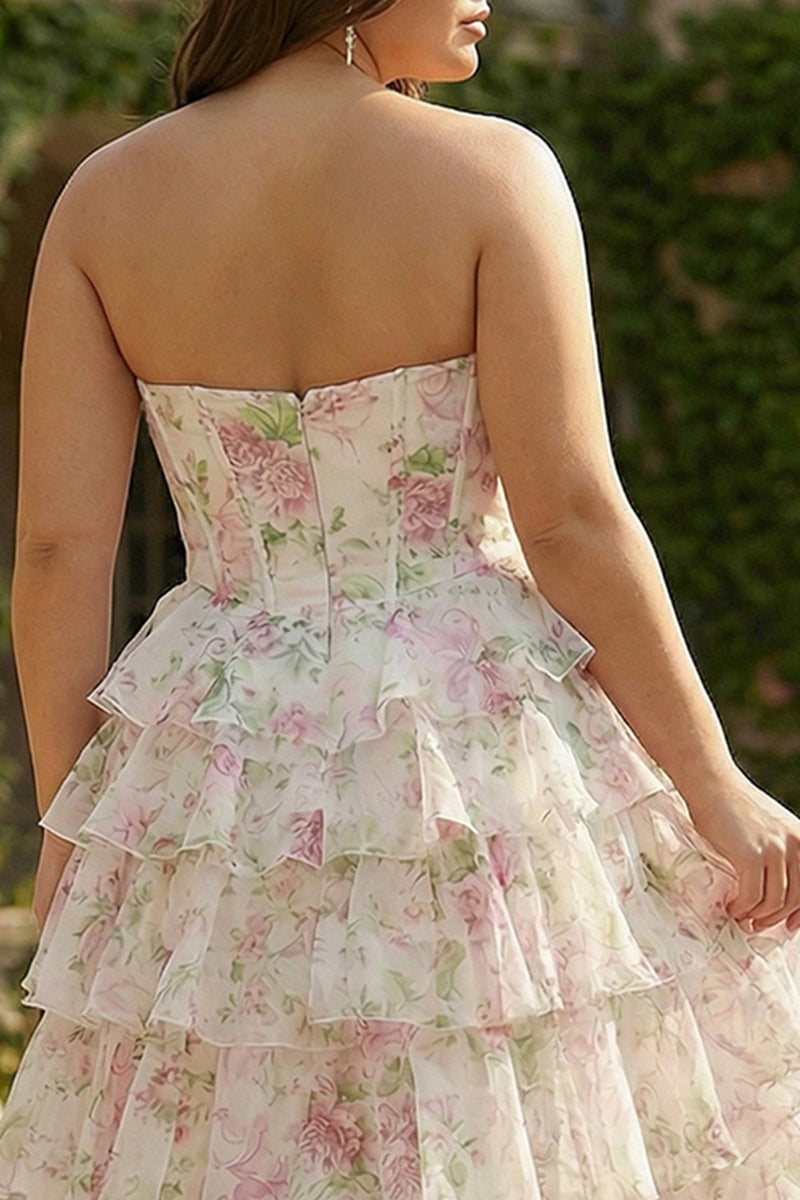 Load image into Gallery viewer, Plus Size Pink Floral Ruffled A Line Long Corset Prom Dress with Slit
