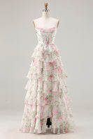 Load image into Gallery viewer, Pink Floral A Line Ruffled Long Corset Prom Dress with Slit