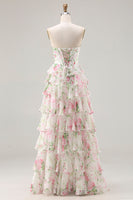 Load image into Gallery viewer, Pink Floral A Line Ruffled Long Corset Prom Dress with Slit