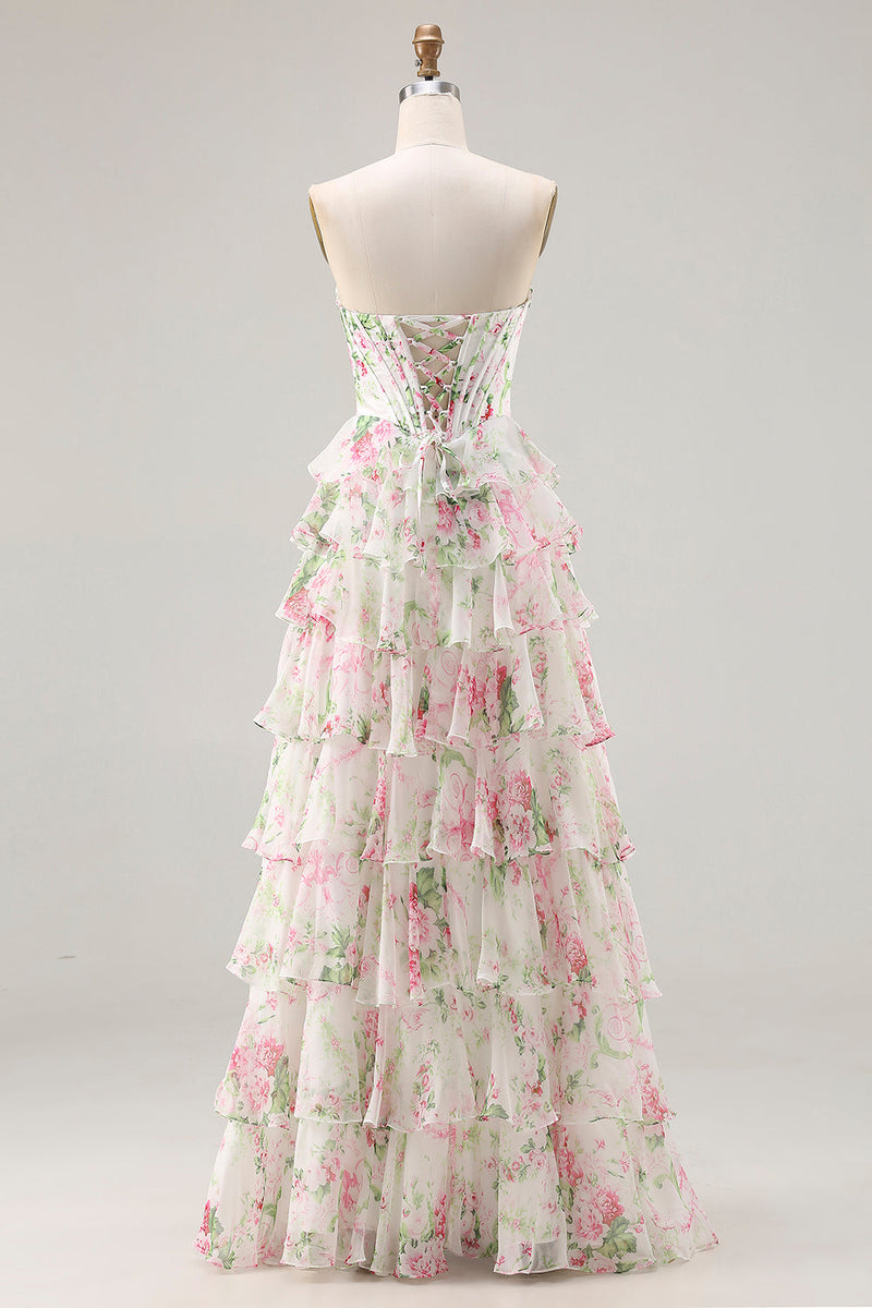 Load image into Gallery viewer, Pink Floral A Line Ruffled Long Corset Prom Dress with Slit